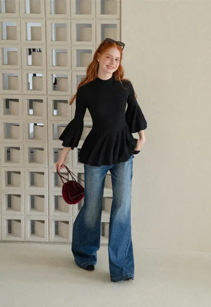 Flared Sleeve Pleated Hem Ribbed Knit Sweater