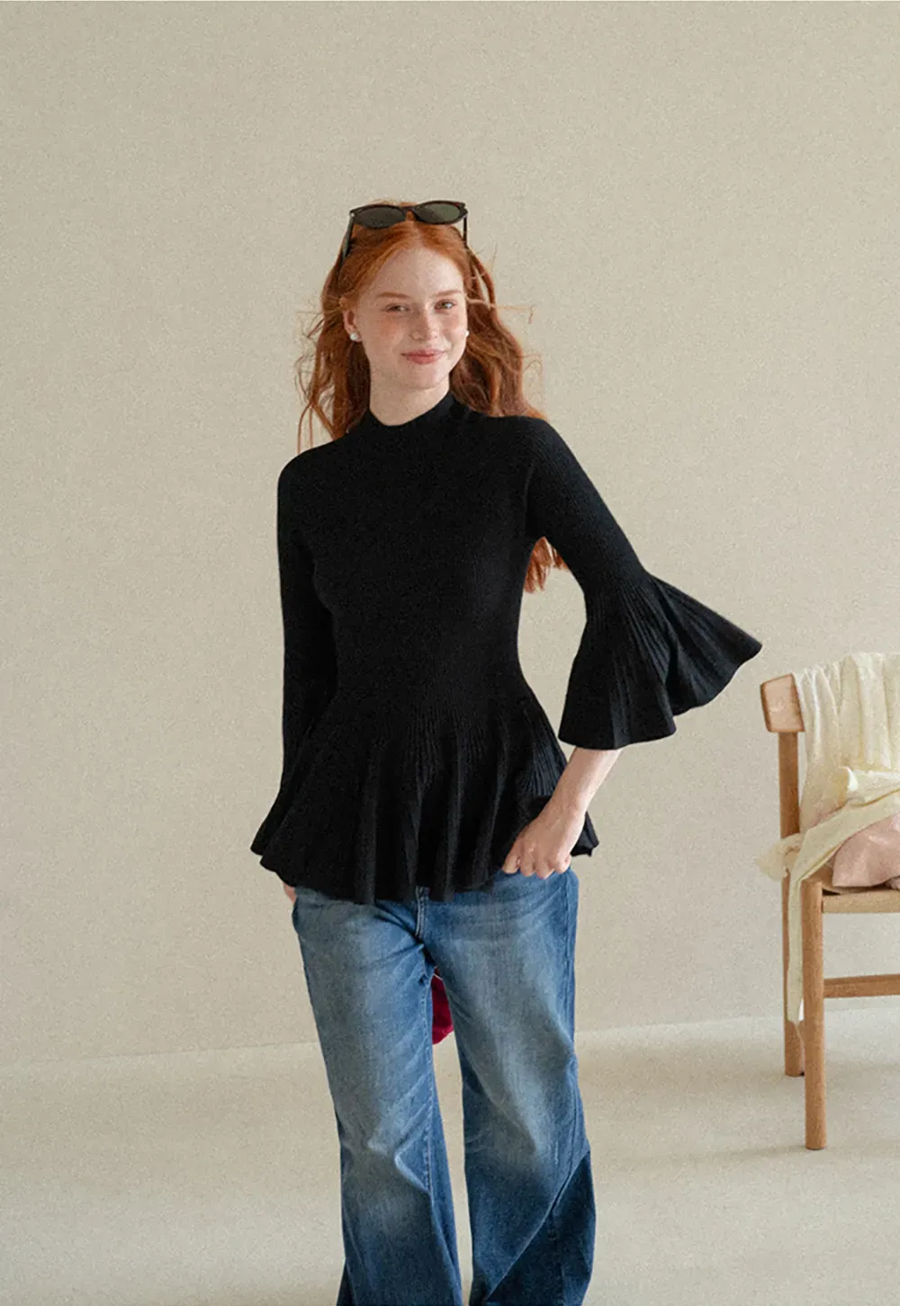Flared Sleeve Pleated Hem Ribbed Knit Sweater