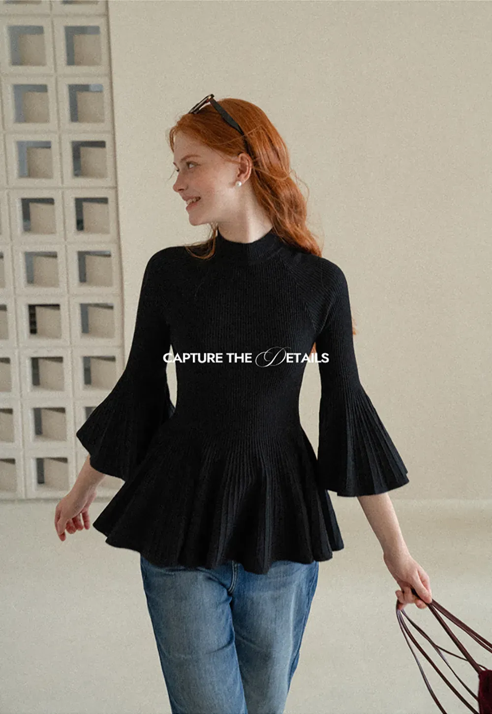 Flared Sleeve Pleated Hem Ribbed Knit Sweater