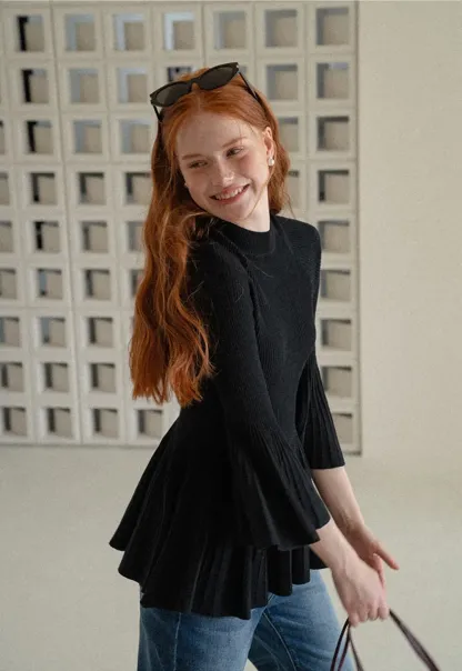Flared Sleeve Pleated Hem Ribbed Knit Sweater