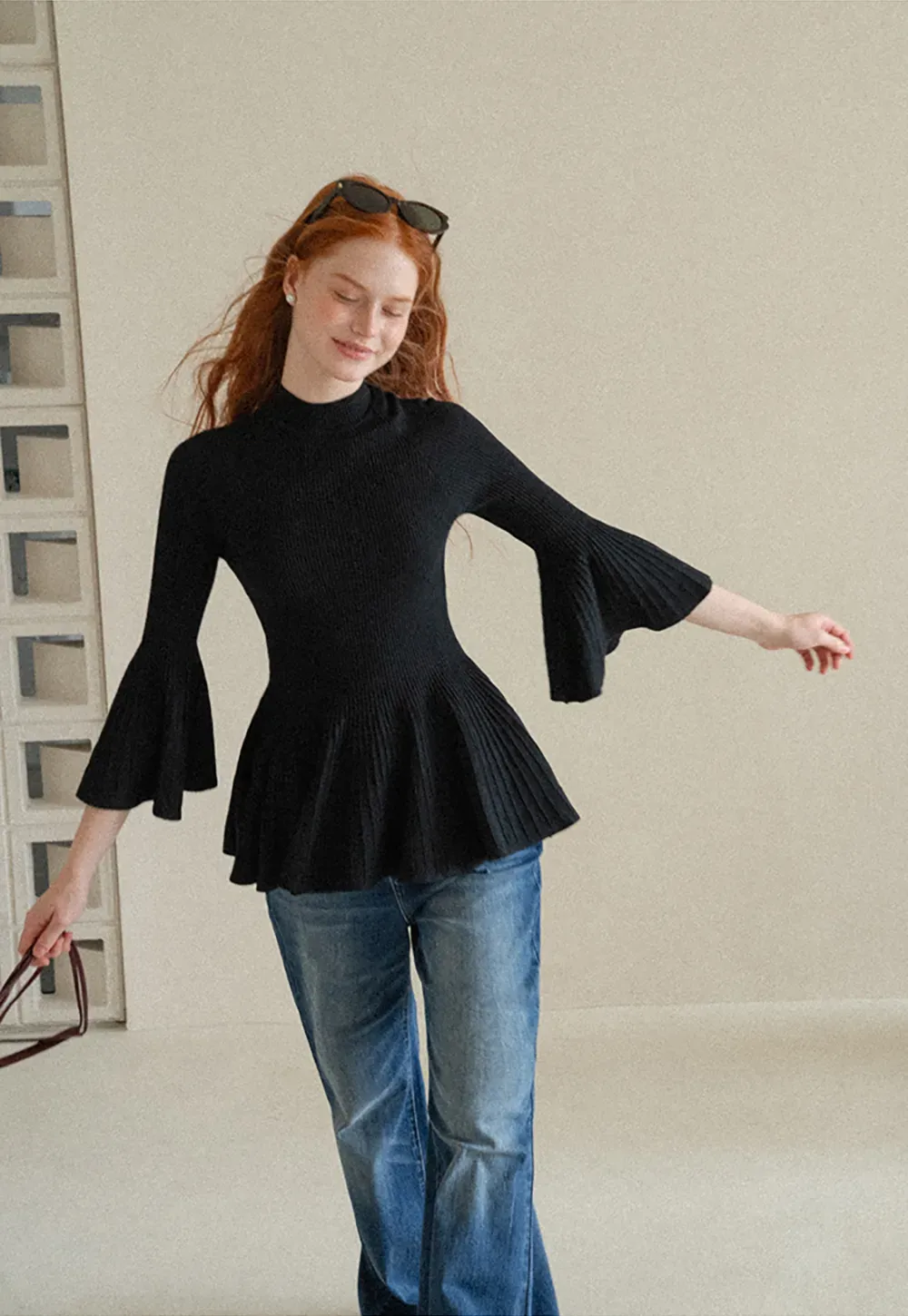 Flared Sleeve Pleated Hem Ribbed Knit Sweater