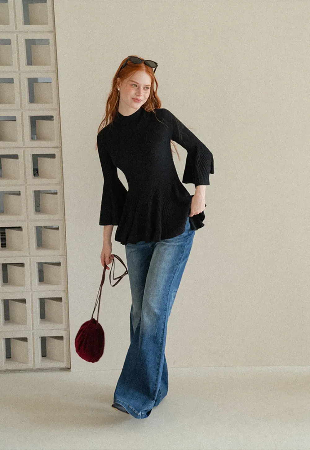 Flared Sleeve Pleated Hem Ribbed Knit Sweater