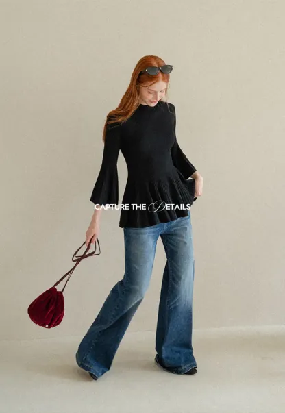 Flared Sleeve Pleated Hem Ribbed Knit Sweater