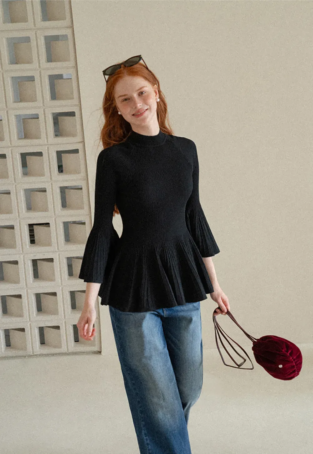 Flared Sleeve Pleated Hem Ribbed Knit Sweater