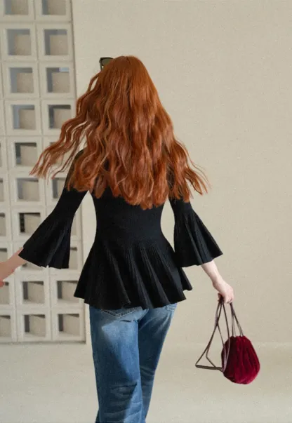 Flared Sleeve Pleated Hem Ribbed Knit Sweater