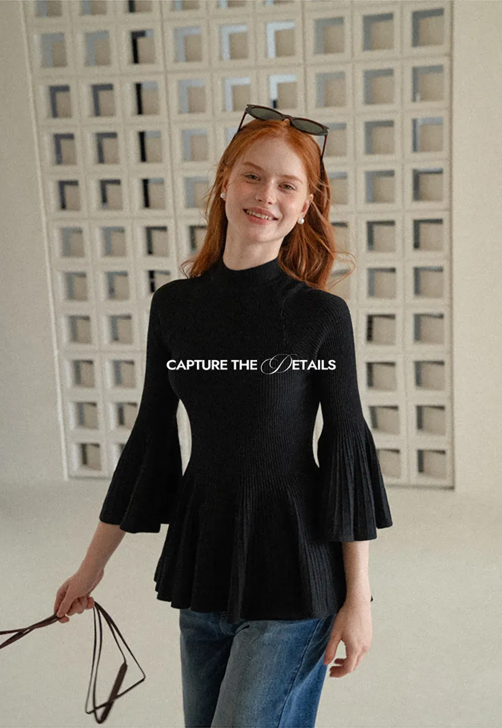Flared Sleeve Pleated Hem Ribbed Knit Sweater