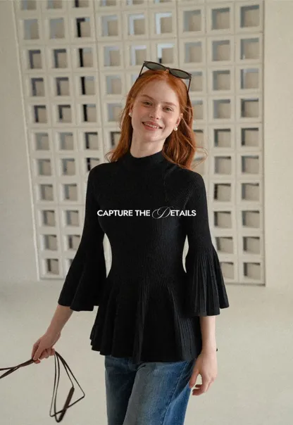 Flared Sleeve Pleated Hem Ribbed Knit Sweater