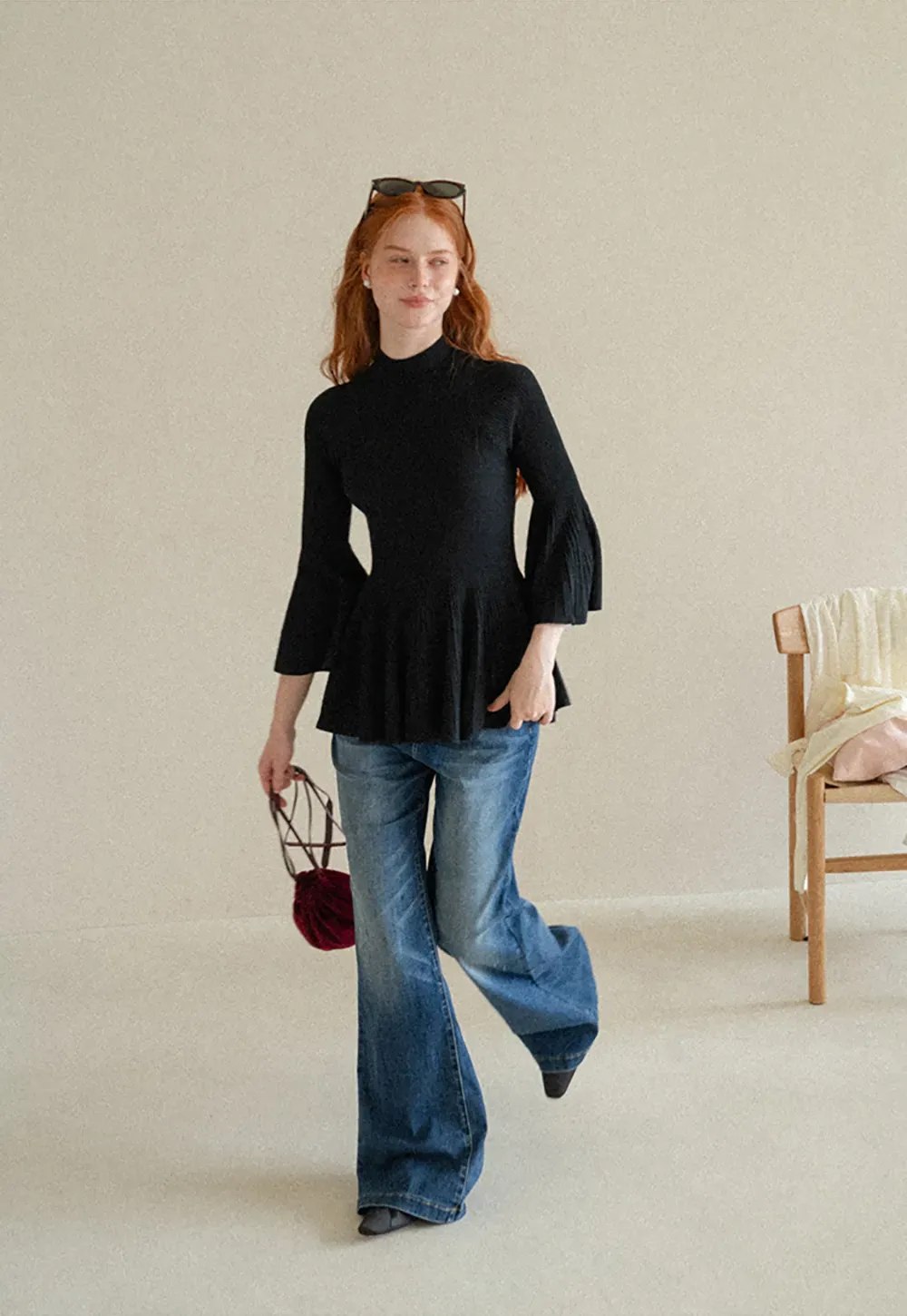 Flared Sleeve Pleated Hem Ribbed Knit Sweater