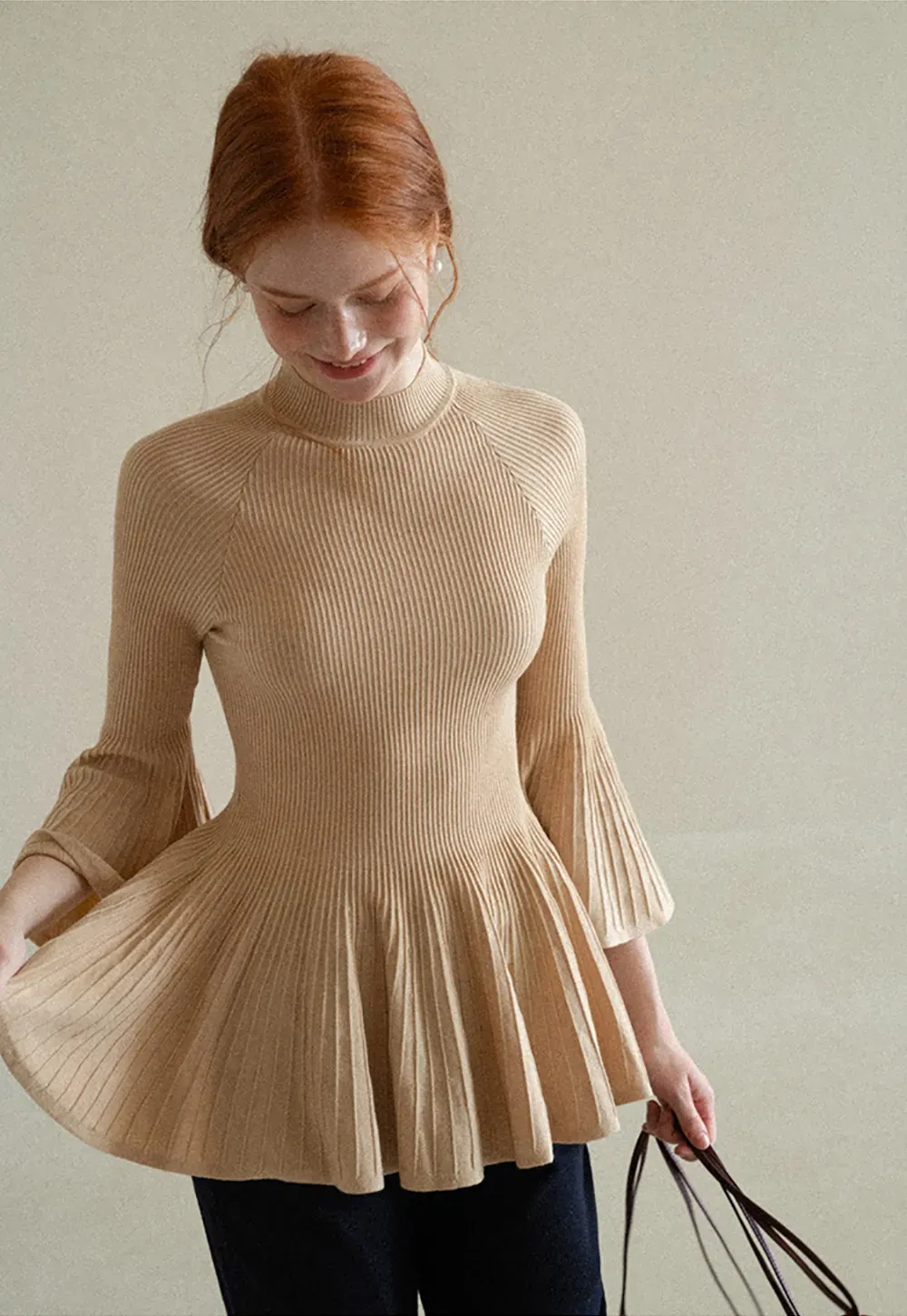 Flared Sleeve Pleated Hem Ribbed Knit Sweater