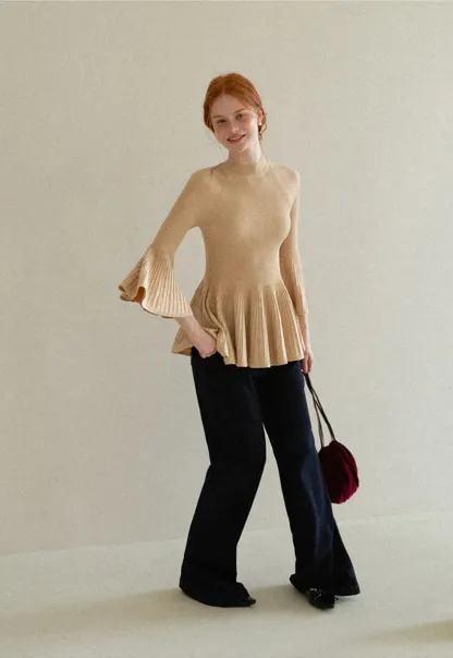 Flared Sleeve Pleated Hem Ribbed Knit Sweater