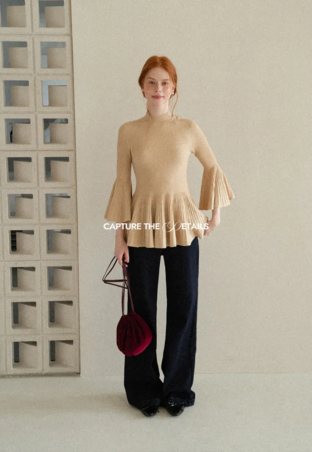 Flared Sleeve Pleated Hem Ribbed Knit Sweater