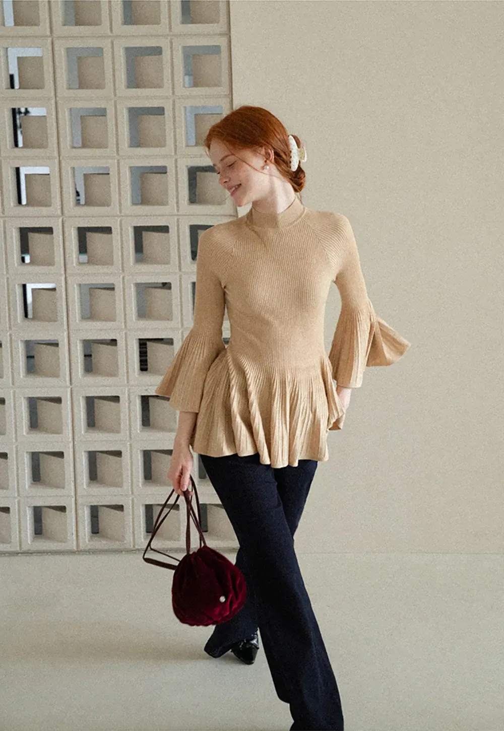 Flared Sleeve Pleated Hem Ribbed Knit Sweater