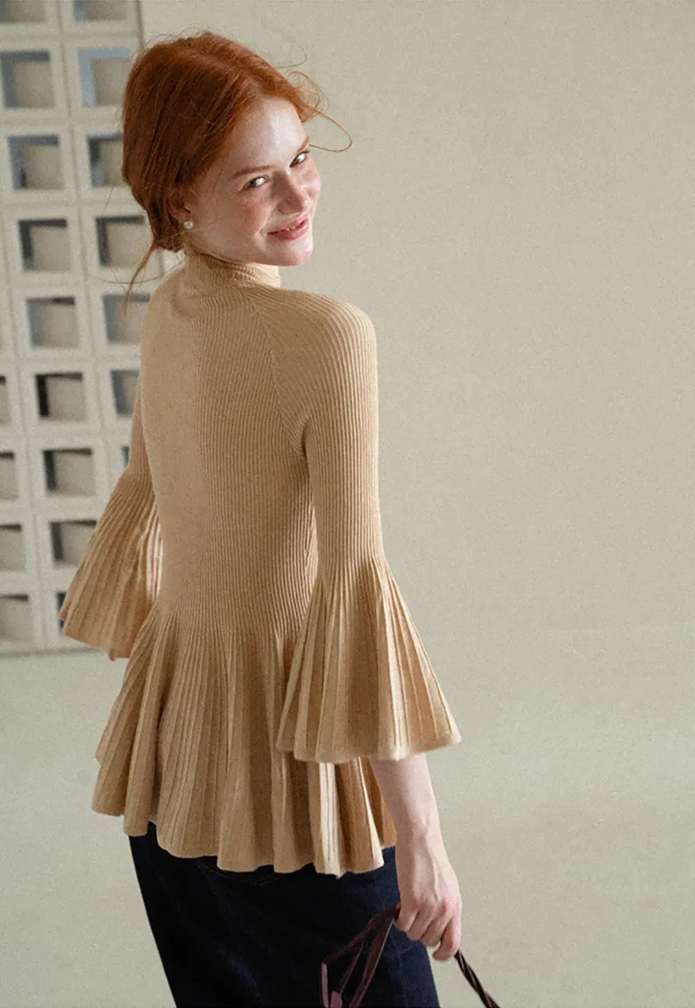 Flared Sleeve Pleated Hem Ribbed Knit Sweater