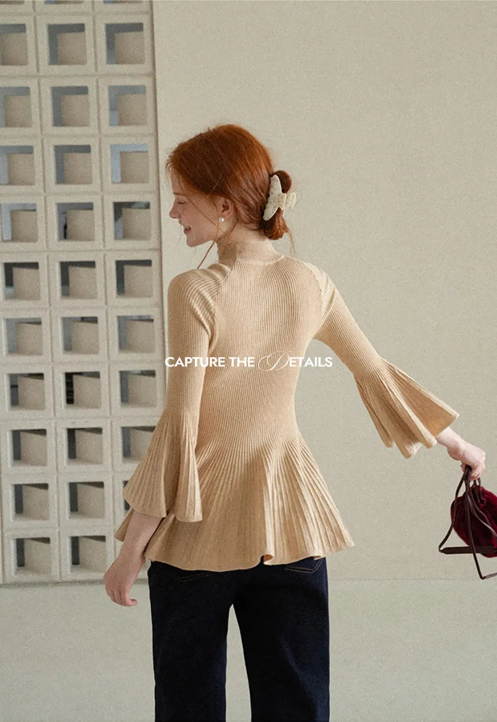 Flared Sleeve Pleated Hem Ribbed Knit Sweater