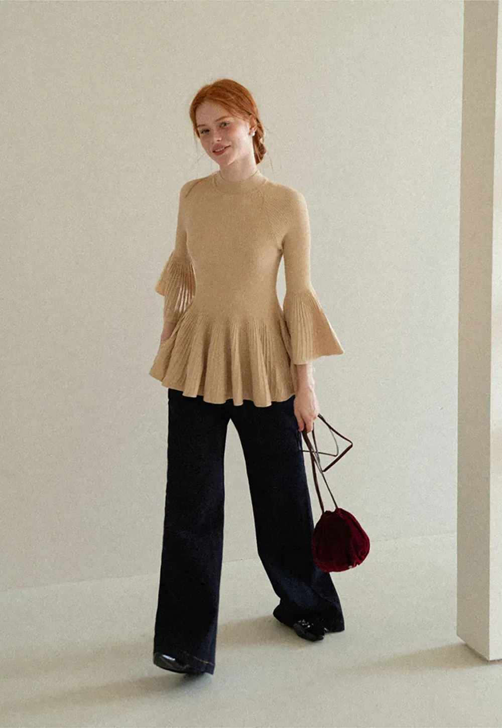 Flared Sleeve Pleated Hem Ribbed Knit Sweater