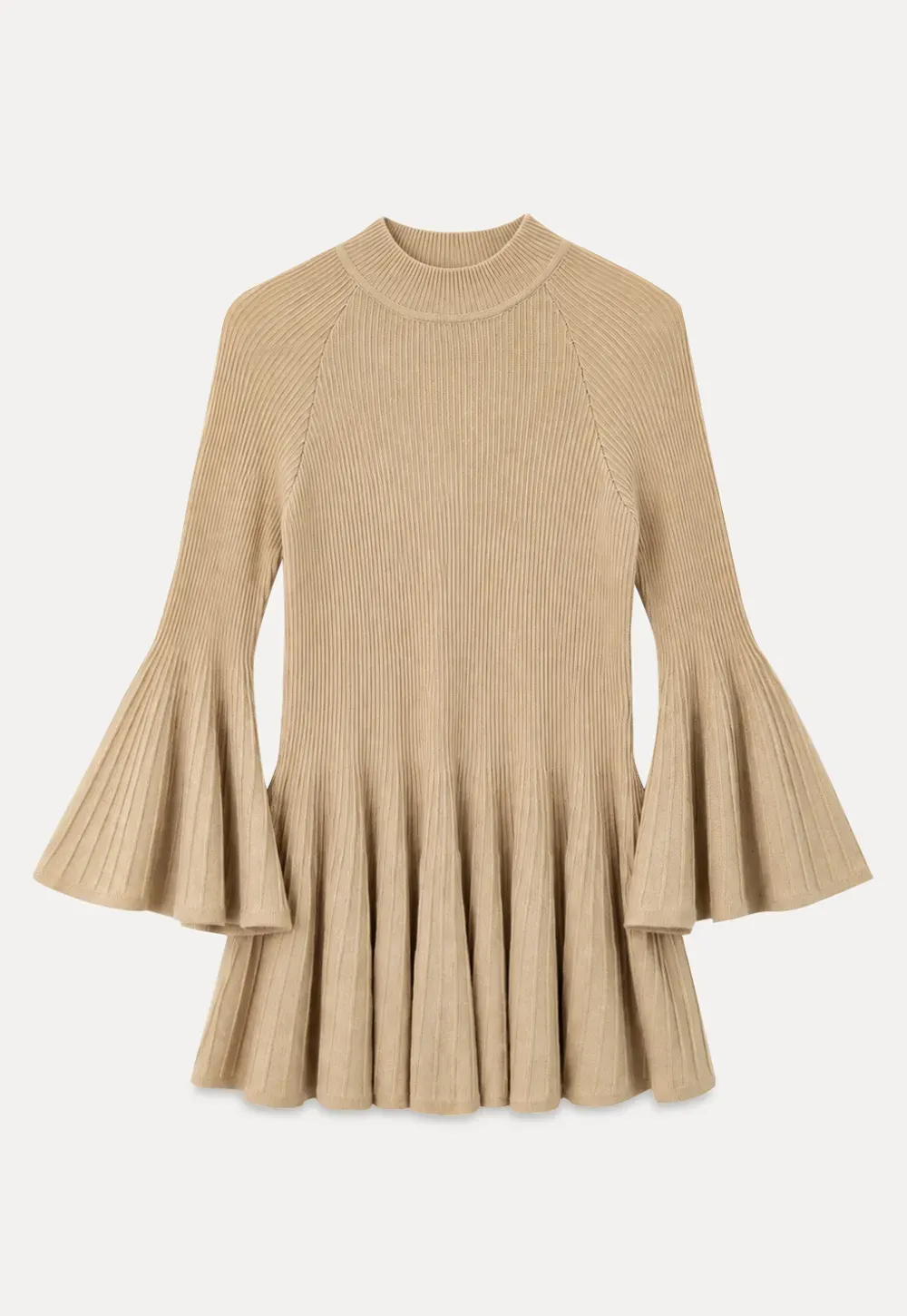Flared Sleeve Pleated Hem Ribbed Knit Sweater