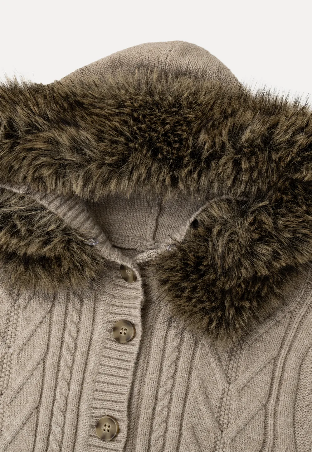 Faux Fur Trim Hooded Ribbed Knit Sweater
