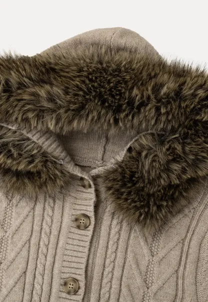 Faux Fur Trim Hooded Ribbed Knit Sweater