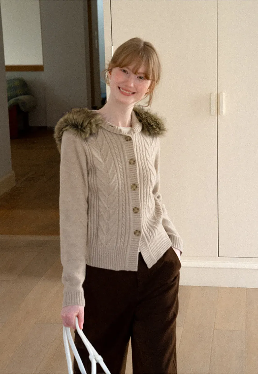 Faux Fur Trim Hooded Ribbed Knit Sweater