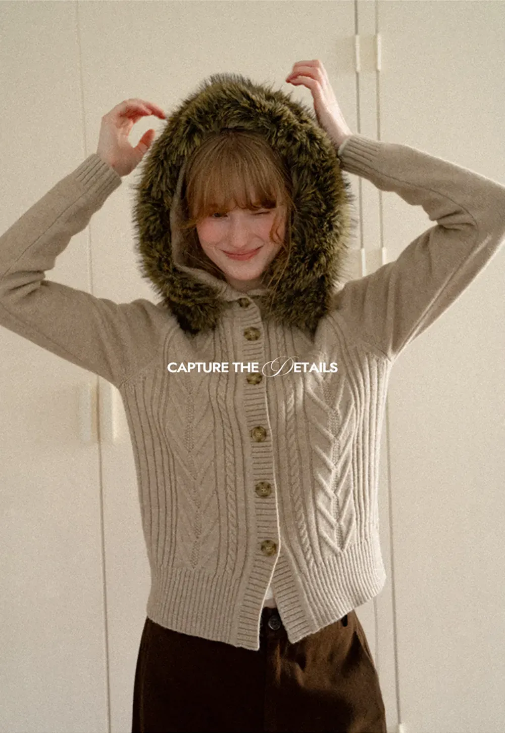 Faux Fur Trim Hooded Ribbed Knit Sweater