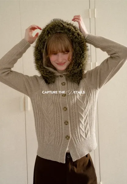 Faux Fur Trim Hooded Ribbed Knit Sweater