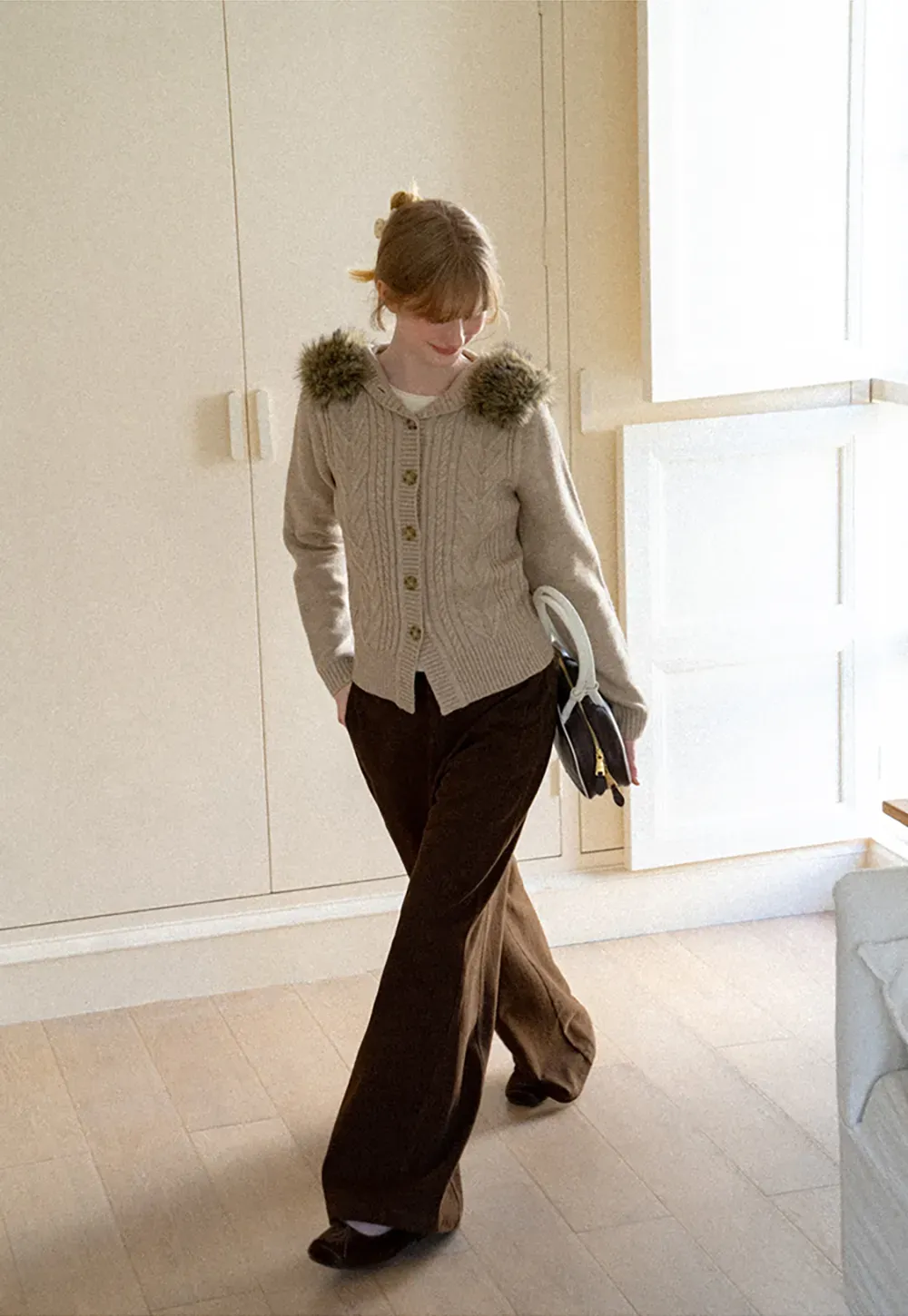 Faux Fur Trim Hooded Ribbed Knit Sweater