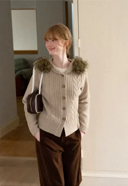 Faux Fur Trim Hooded Ribbed Knit Sweater