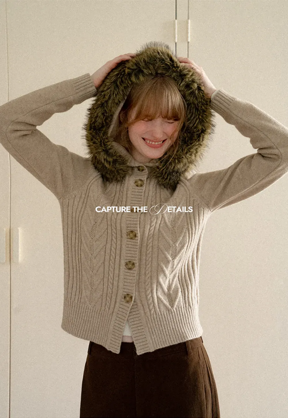 Faux Fur Trim Hooded Ribbed Knit Sweater