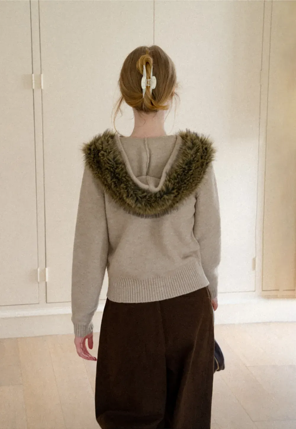 Faux Fur Trim Hooded Ribbed Knit Sweater