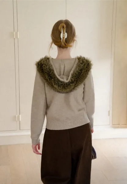 Faux Fur Trim Hooded Ribbed Knit Sweater