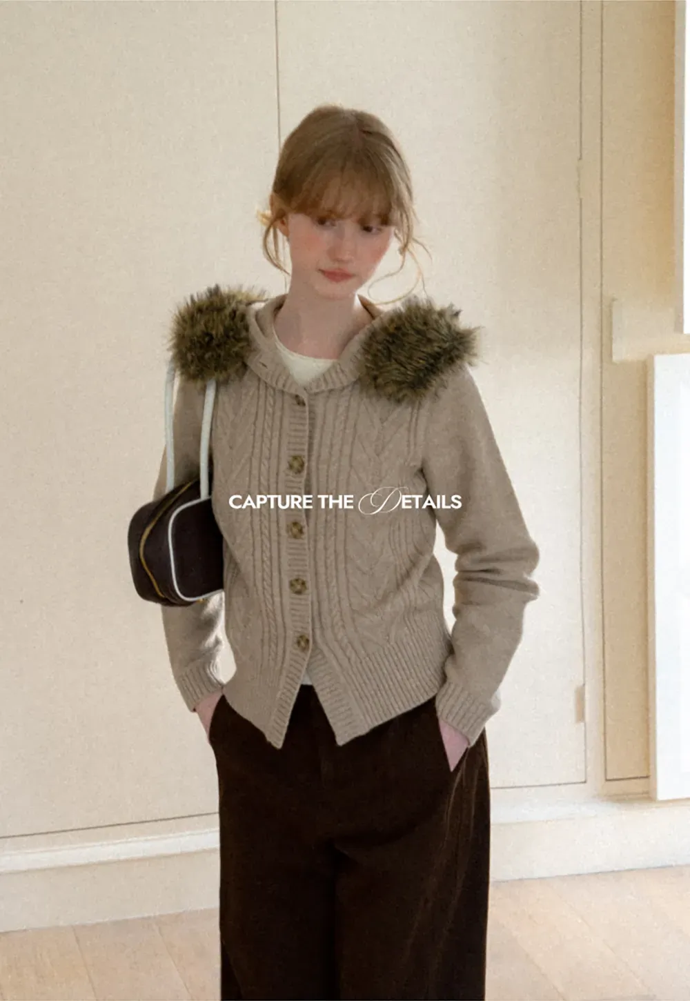 Faux Fur Trim Hooded Ribbed Knit Sweater