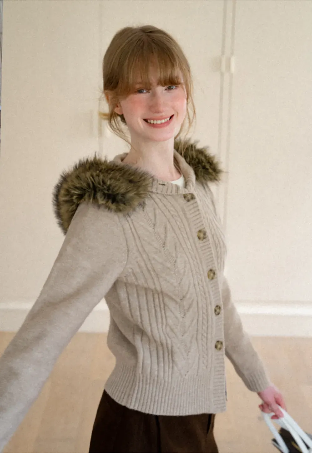 Faux Fur Trim Hooded Ribbed Knit Sweater