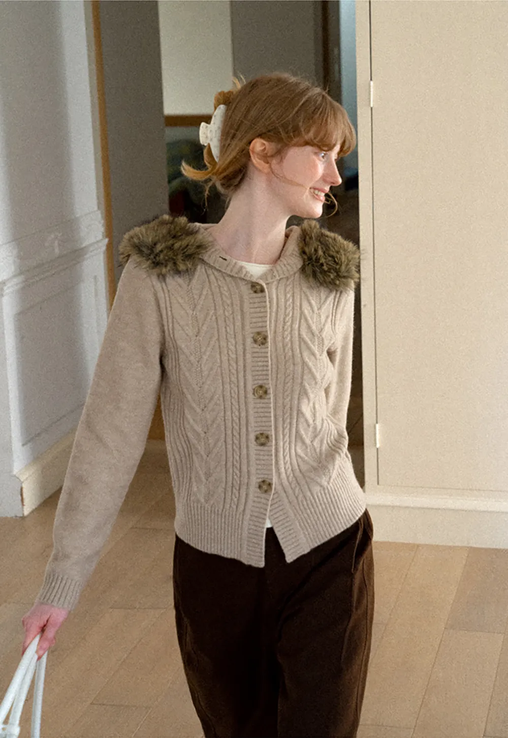 Faux Fur Trim Hooded Ribbed Knit Sweater