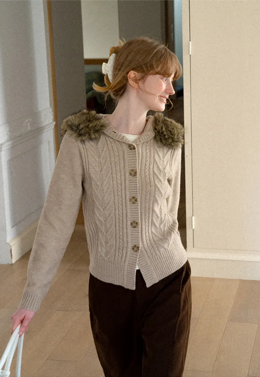 Faux Fur Trim Hooded Ribbed Knit Sweater