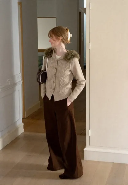 Faux Fur Trim Hooded Ribbed Knit Sweater