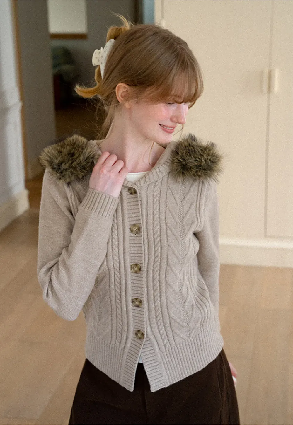 Faux Fur Trim Hooded Ribbed Knit Sweater
