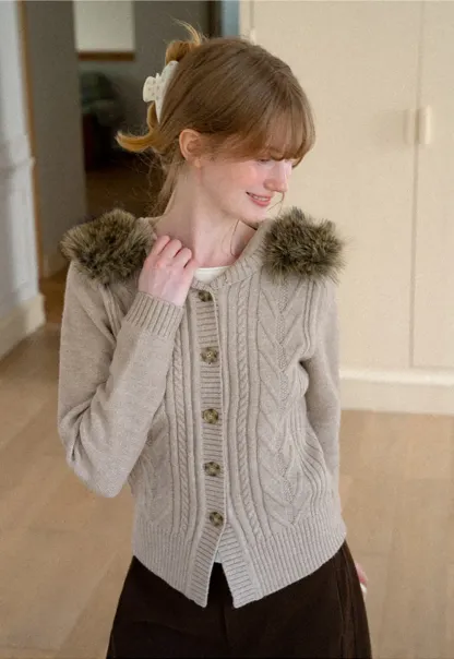 Faux Fur Trim Hooded Ribbed Knit Sweater