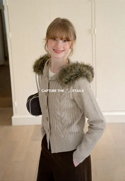 Faux Fur Trim Hooded Ribbed Knit Sweater