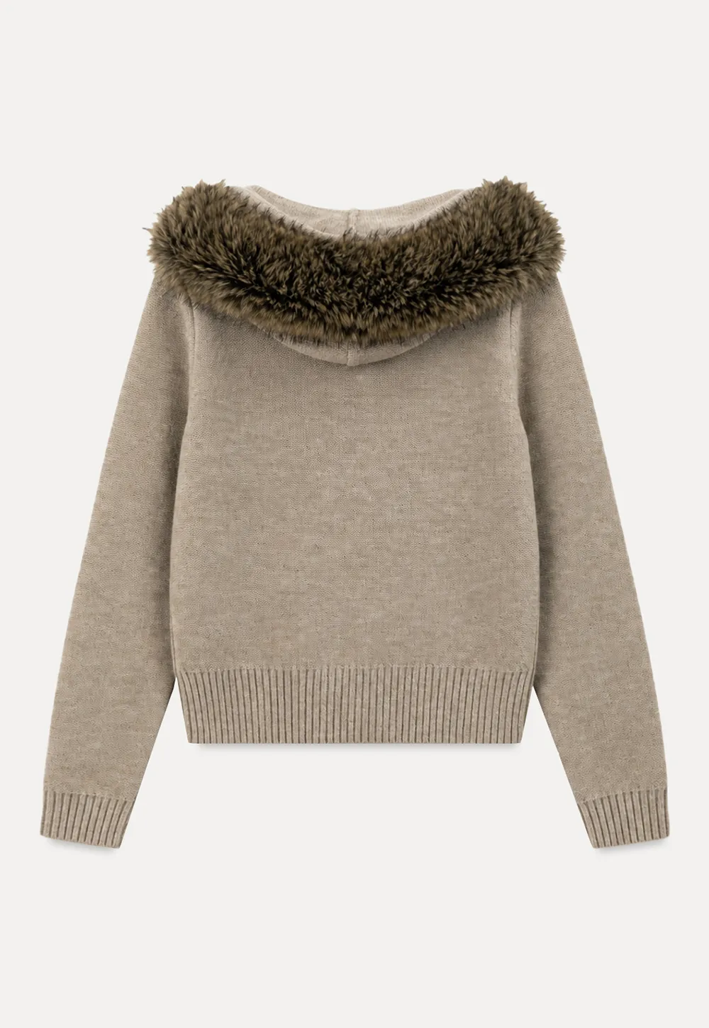 Faux Fur Trim Hooded Ribbed Knit Sweater