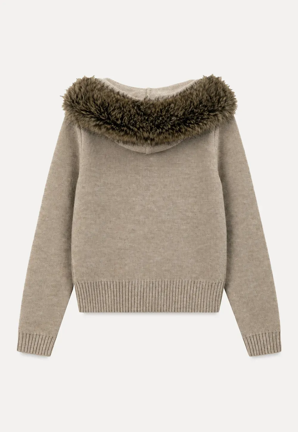 Faux Fur Trim Hooded Ribbed Knit Sweater