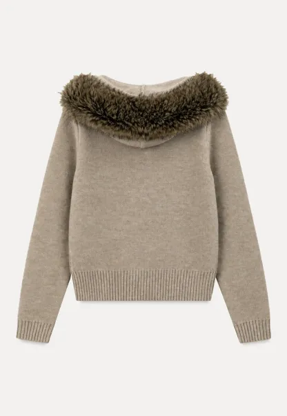 Faux Fur Trim Hooded Ribbed Knit Sweater
