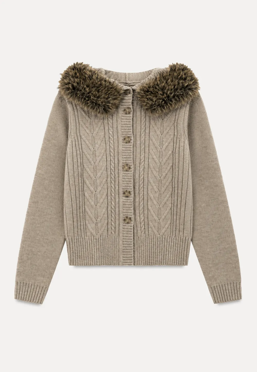 Faux Fur Trim Hooded Ribbed Knit Sweater