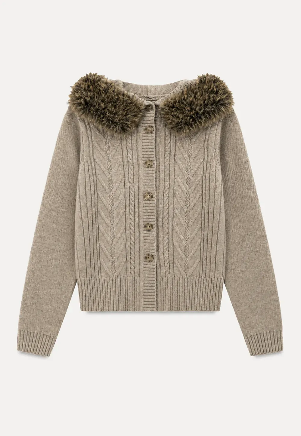 Faux Fur Trim Hooded Ribbed Knit Sweater