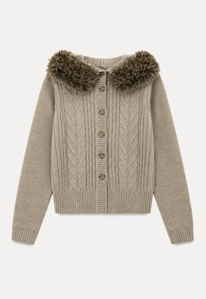 Faux Fur Trim Hooded Ribbed Knit Sweater