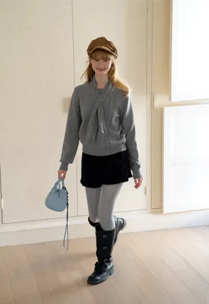 Cropped Ribbed Knit Sweater with Detachable Cowl Neck