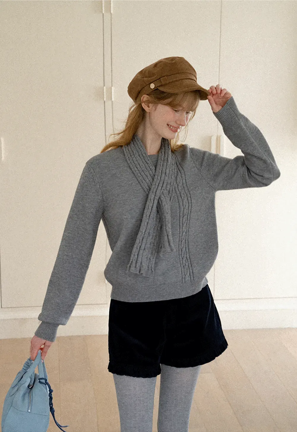 Cropped Ribbed Knit Sweater with Detachable Cowl Neck