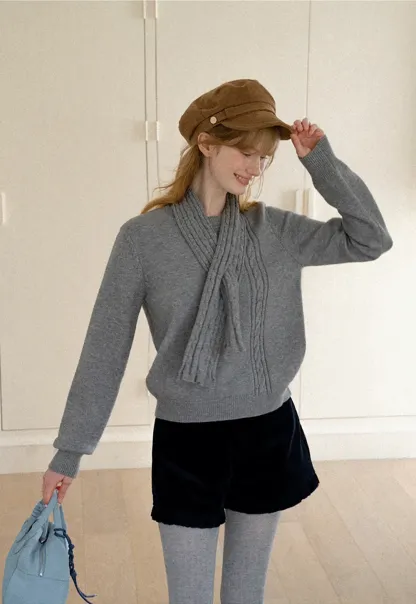 Cropped Ribbed Knit Sweater with Detachable Cowl Neck