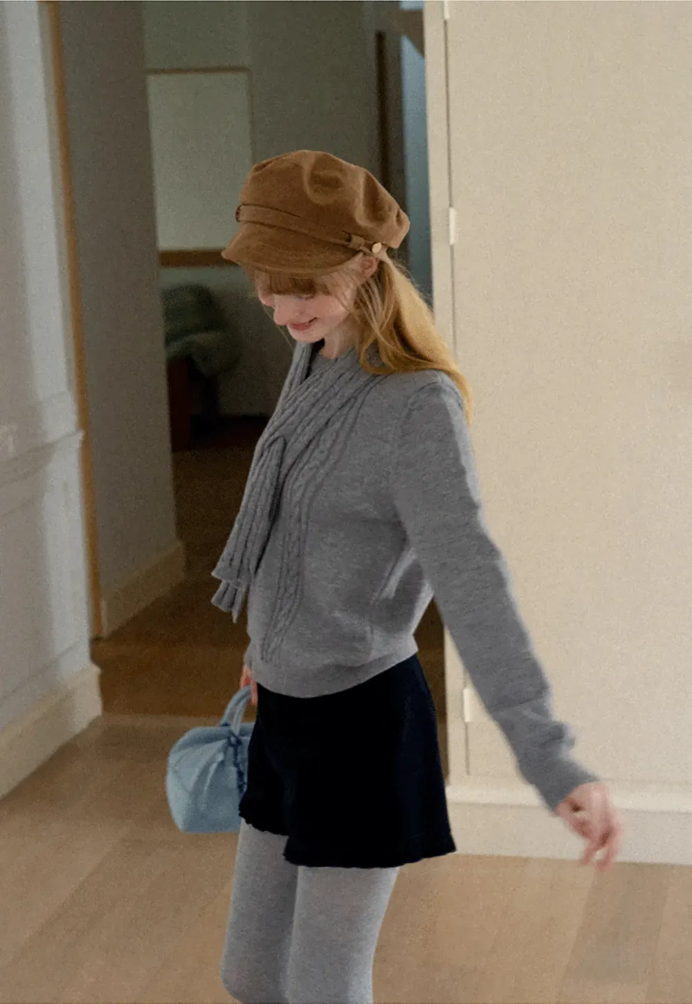 Cropped Ribbed Knit Sweater with Detachable Cowl Neck
