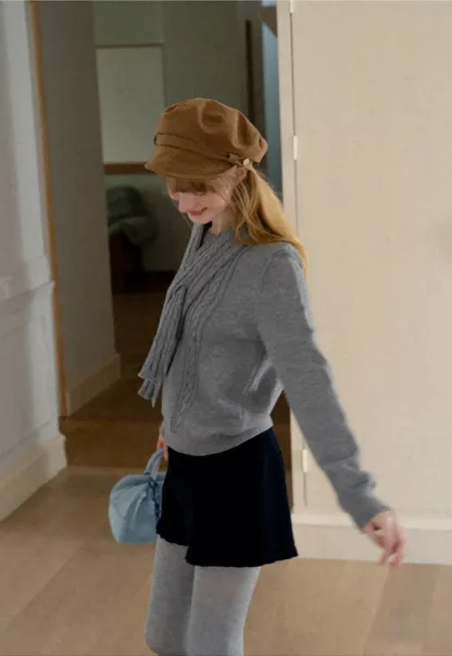 Cropped Ribbed Knit Sweater with Detachable Cowl Neck