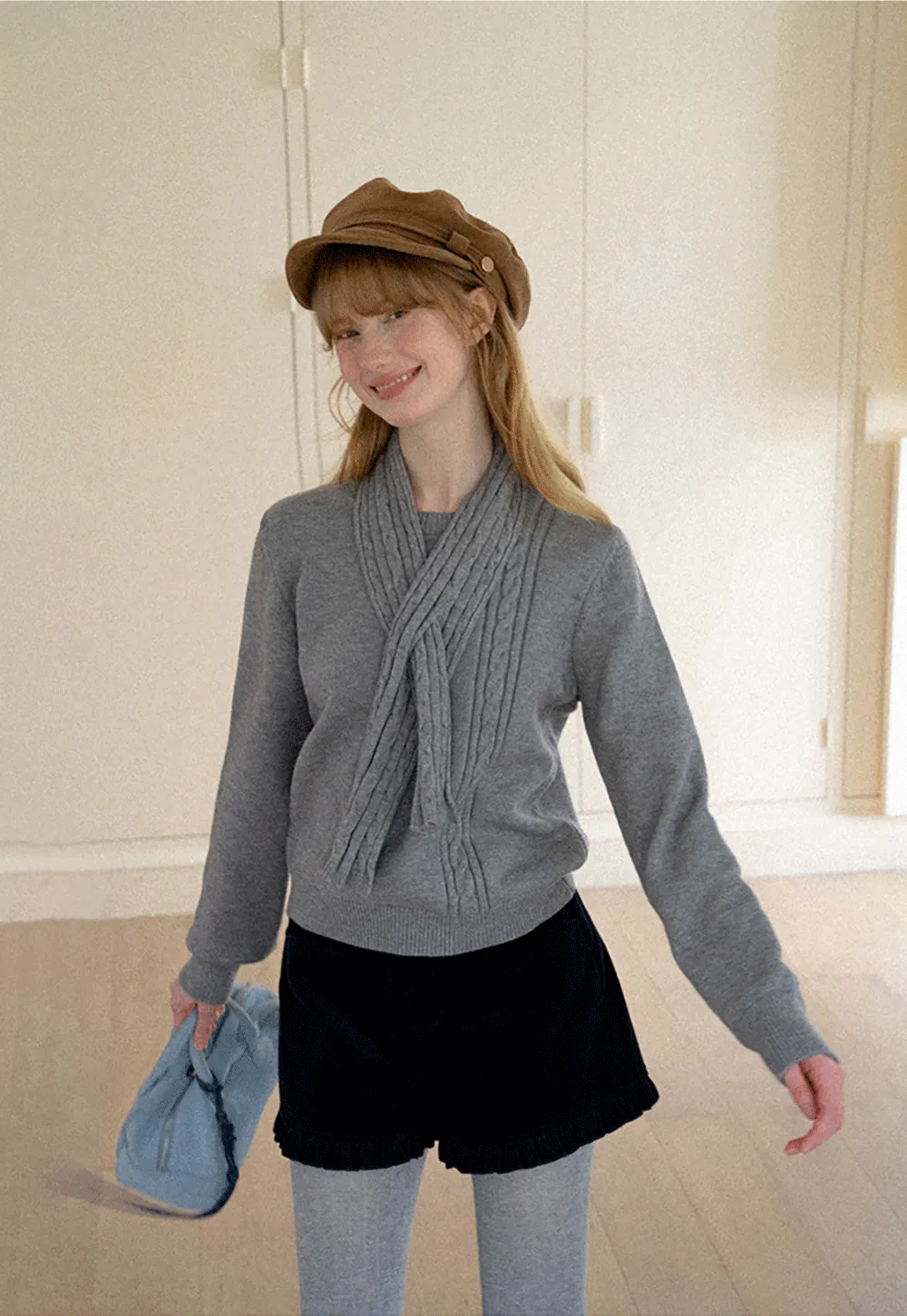 Cropped Ribbed Knit Sweater with Detachable Cowl Neck